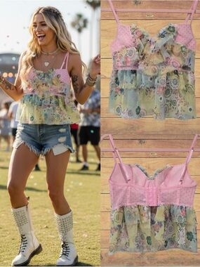 Necessary Objects Pink Floral Polka Dot Sheer Fairycore Bra Top Ruffle Tier NWT